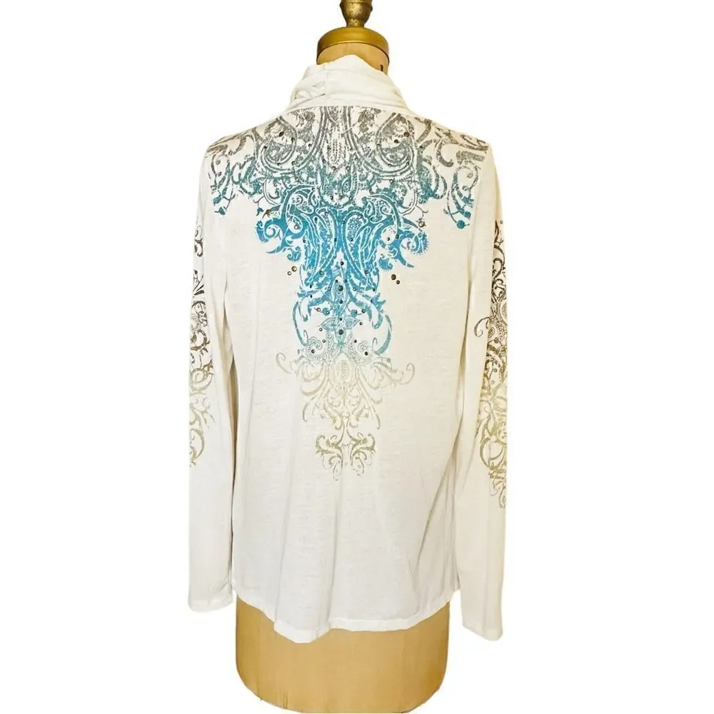 Cream and Turquoise studded Almost Famous Open Cardigan - Picture 3 of 9